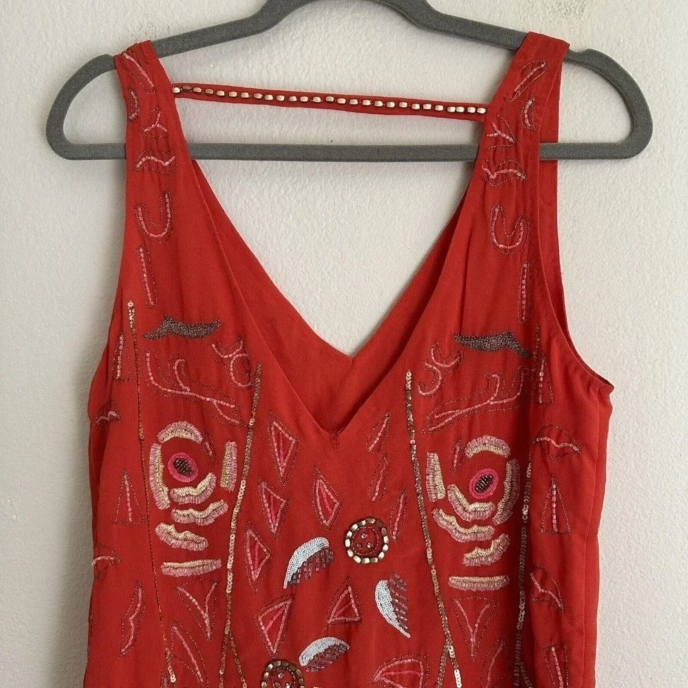 Free People Mini Dress Women XS Red Beaded Sequin‎ Boho Shift OB334008